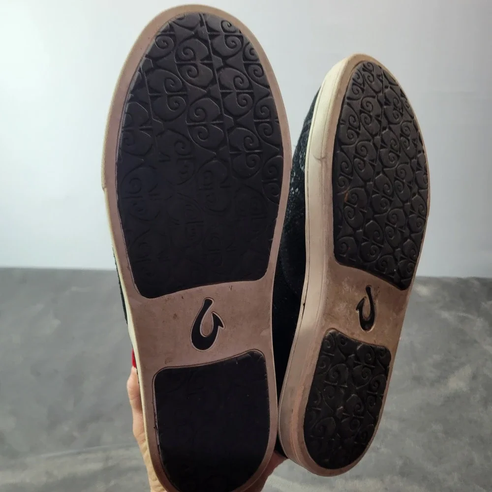 Olukai Pehuea Black Textured‎ Suede Slip On Sneakers Drop In Heel Womens